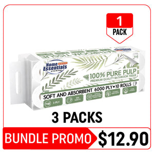 [Hot Deals] Home Essentials 3Ply|10 Rolls|6000Ply 100% Pure Pulp Premium Quality Bathroom Tissue - 3 Packs (1.2kg – Bundle Promotion)