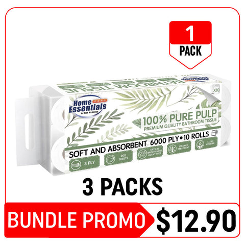 [Hot Deals] Home Essentials 3Ply|10 Rolls|6000Ply 100% Pure Pulp Premium Quality Bathroom Tissue - 3 Packs (1.2kg – Bundle Promotion)