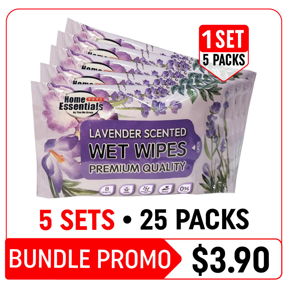 [Hot Deals] Home Essentials Lavender Scented Wet Wipes - 5 Sets (5 x 8s x 6.25g – Piece – Bundle Promotion)
