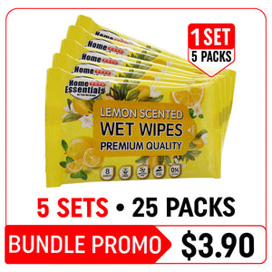 [Hot Deals] Home Essentials Lemon Scented Wet Wipes - 5 Sets (5 x 8s x 6.25g – Piece – Bundle Promotion)