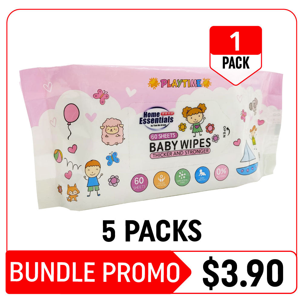 [Hot Deals] Home Essentials Playtime Baby Wet Wipes Pink - 5 Packs (60s x 5.21g – Bundle Promotion)