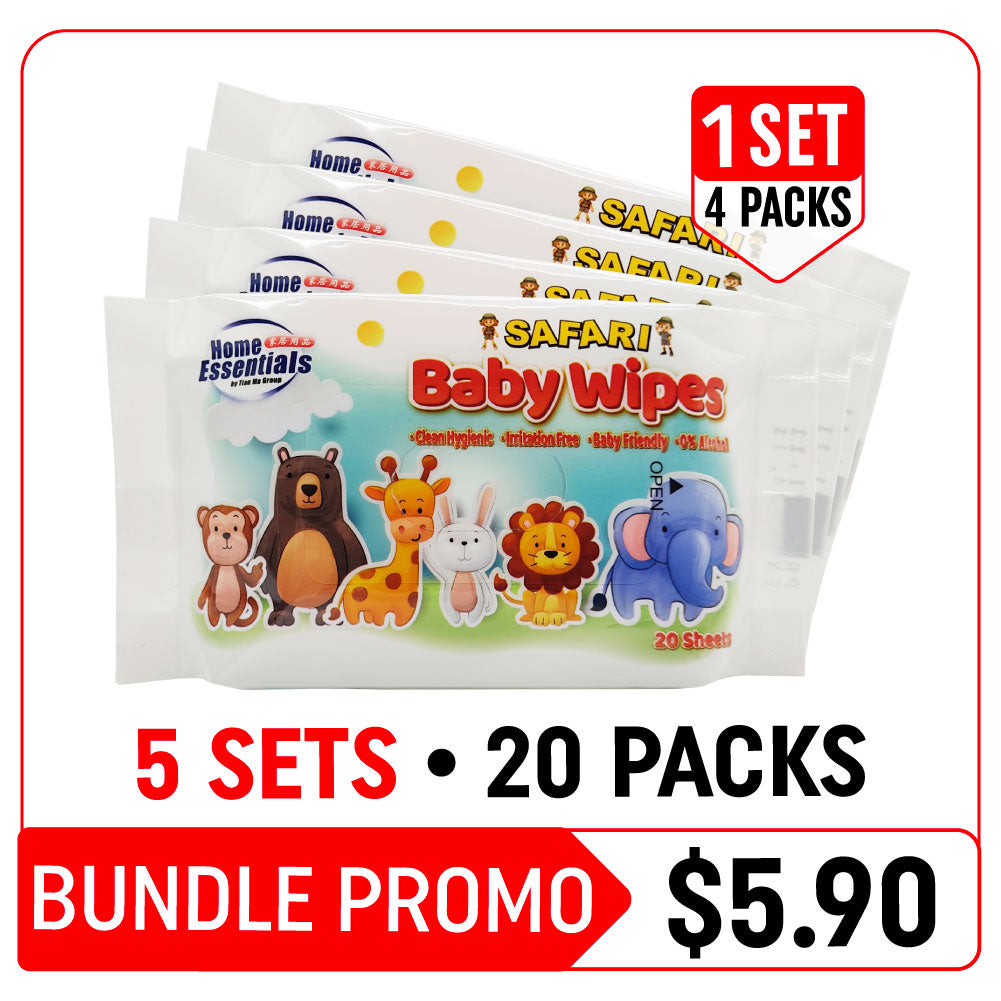 [Hot Deals] Home Essentials Safari Baby Wet Wipes - 5 Sets (4 x 20s x 5g – Piece – Bundle Promotion)